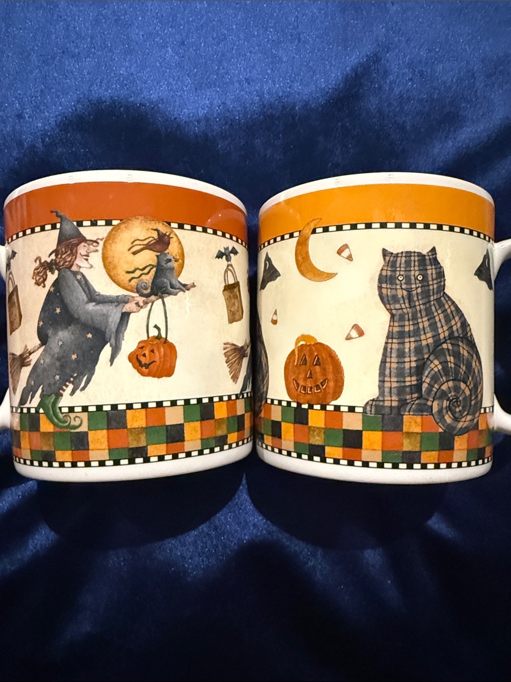 2 Halloween Mugs by Debbie Mumm Witch on Broom, Plaid Cat by Sakura 1998